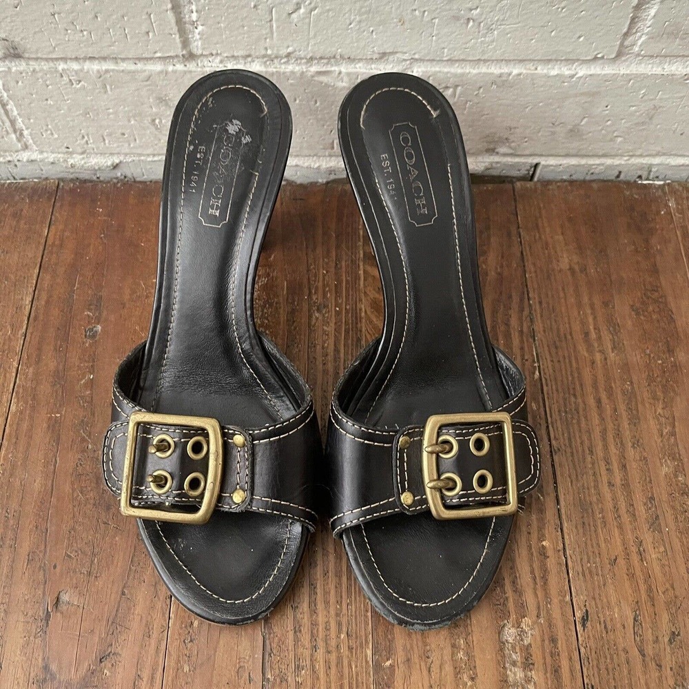 Vintage 90s Coach Black Open Toe Kitten Heels Pumps Women's Size ~6-6 1/2